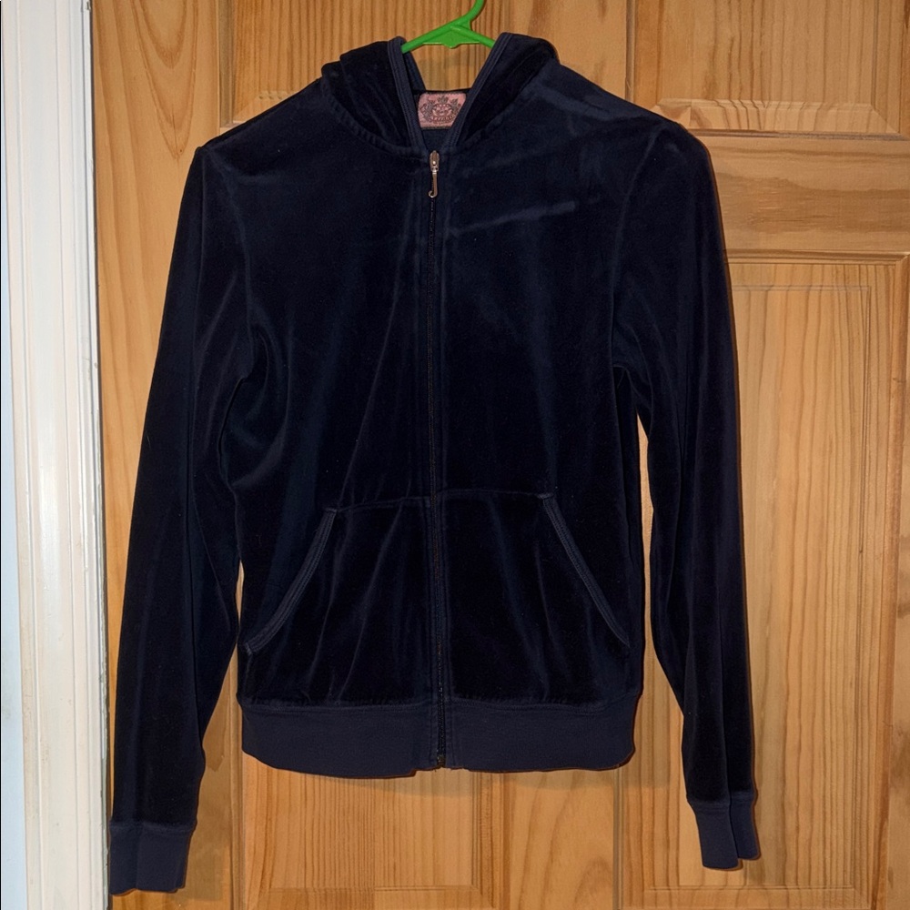 Juicy Couture Navy Blue VelourZip-Up Hoodie with Crystal Detailing